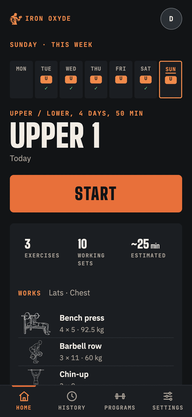 The home screen: Upper 1 is next up, with bench press 4 × 5 at 92.5 kg, barbell row 3 × 9 at 62.5 kg and chin-ups, and a big Start button.