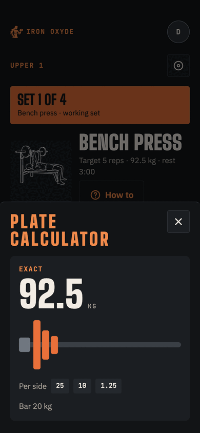 The plate calculator for 92.5 kg: 25, 10 and 1.25 kg plates on each side of a 20 kg bar.