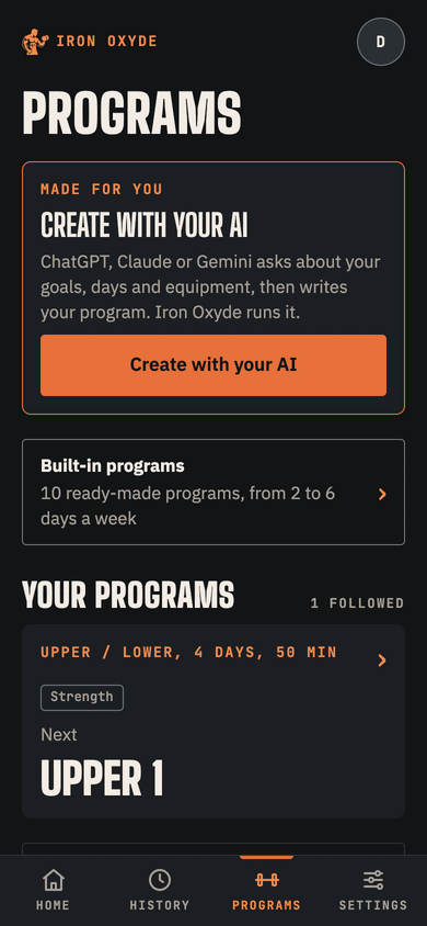The programs screen: your own uploaded program marked as the one you follow, the option to upload a program.json, and the built-in full-body 3-day barbell program.