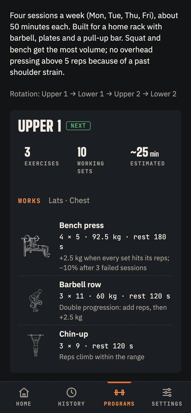 A personal program in Iron Oxyde: four sessions a week built for a home rack and a past shoulder strain, with each exercise's sets, load, rest and progression rule.