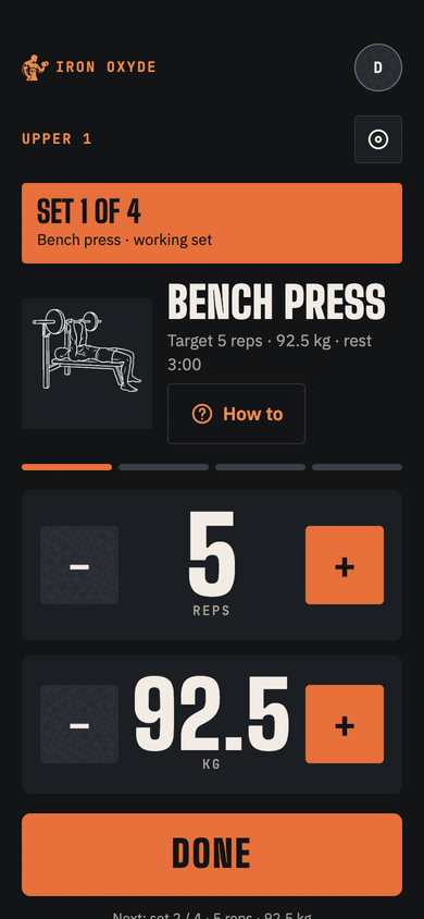 Iron Oxyde during a workout: bench press, set 1 of 4, with big minus and plus steppers set to 5 reps and 92.5 kg, and a large Done button.